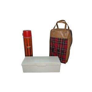 Vintage Thermos Picnic Set - Tartan Plaid Bag, Metal Thermos w/ Lid & Lunchbox